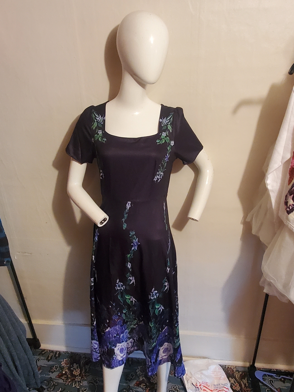 Navy Floral Midi Dress with Square Neck